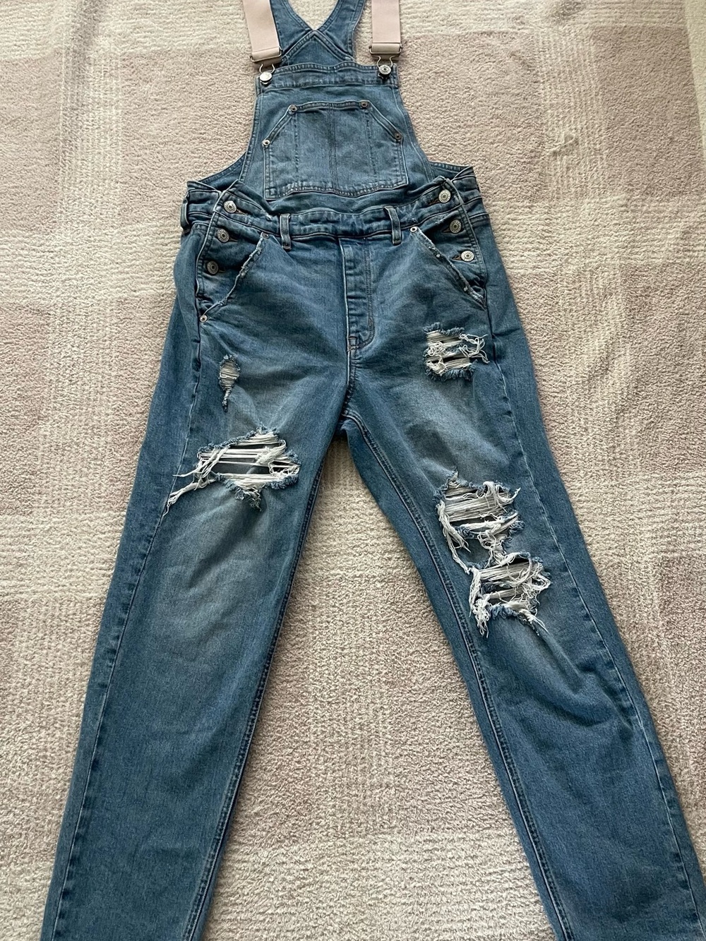American Eagle Outfitters Distressed Blue Denim Overalls with Beige Straps 90s